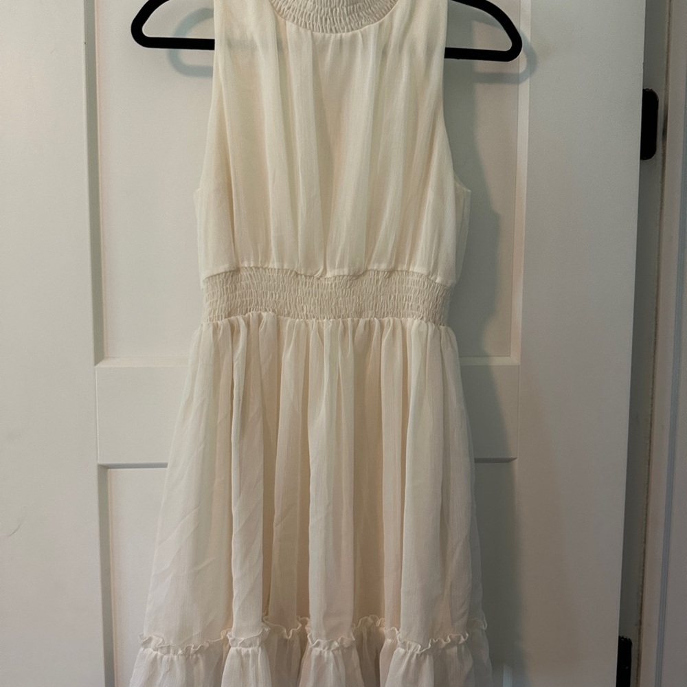 Altar’d State Cream Smocked Mock Neck Dress with Ruffles.
